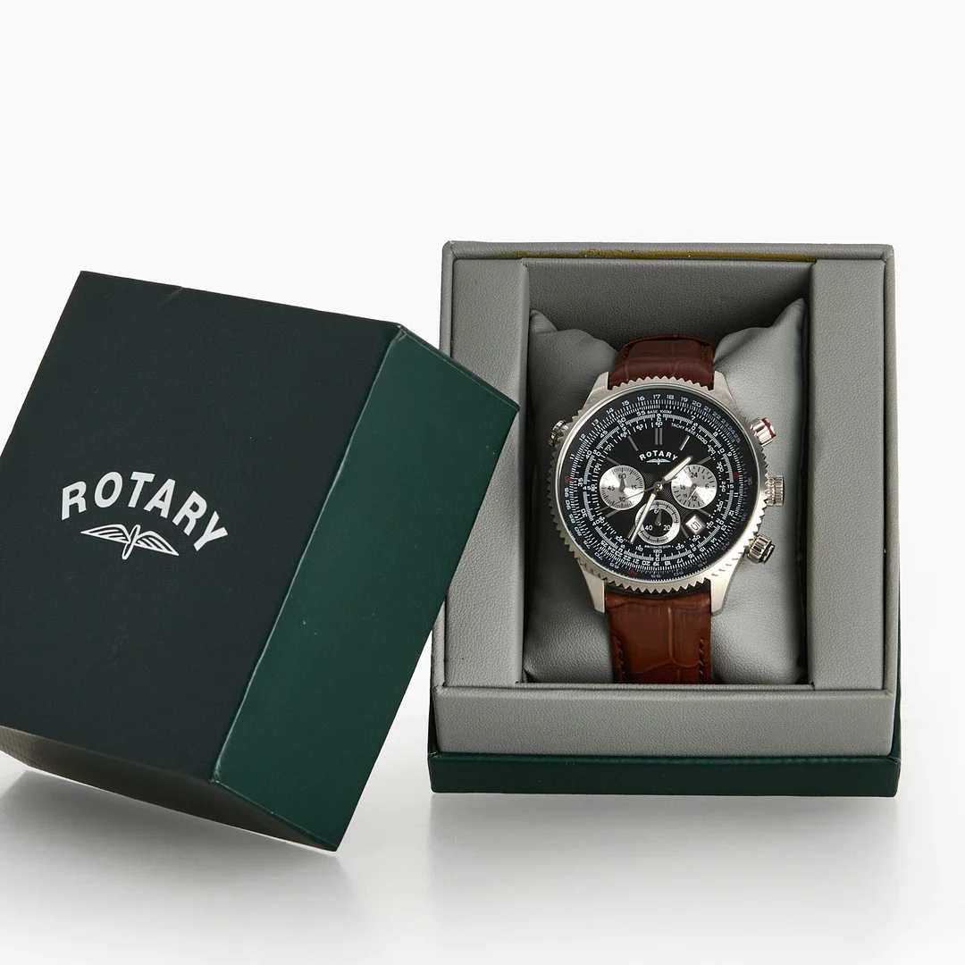 ARMBANDSUR, Rotary Pilot Chronograph, quartz, stål, med box. — Wristwatches — Crafoord Auktioner Stockholm