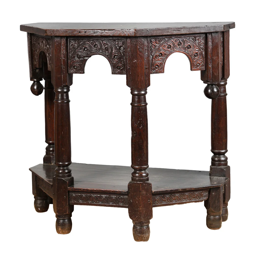 A 17TH CENTURY CARVED OAK CREDENCE TYPE TABLE. — Tables — Bishop & Miller