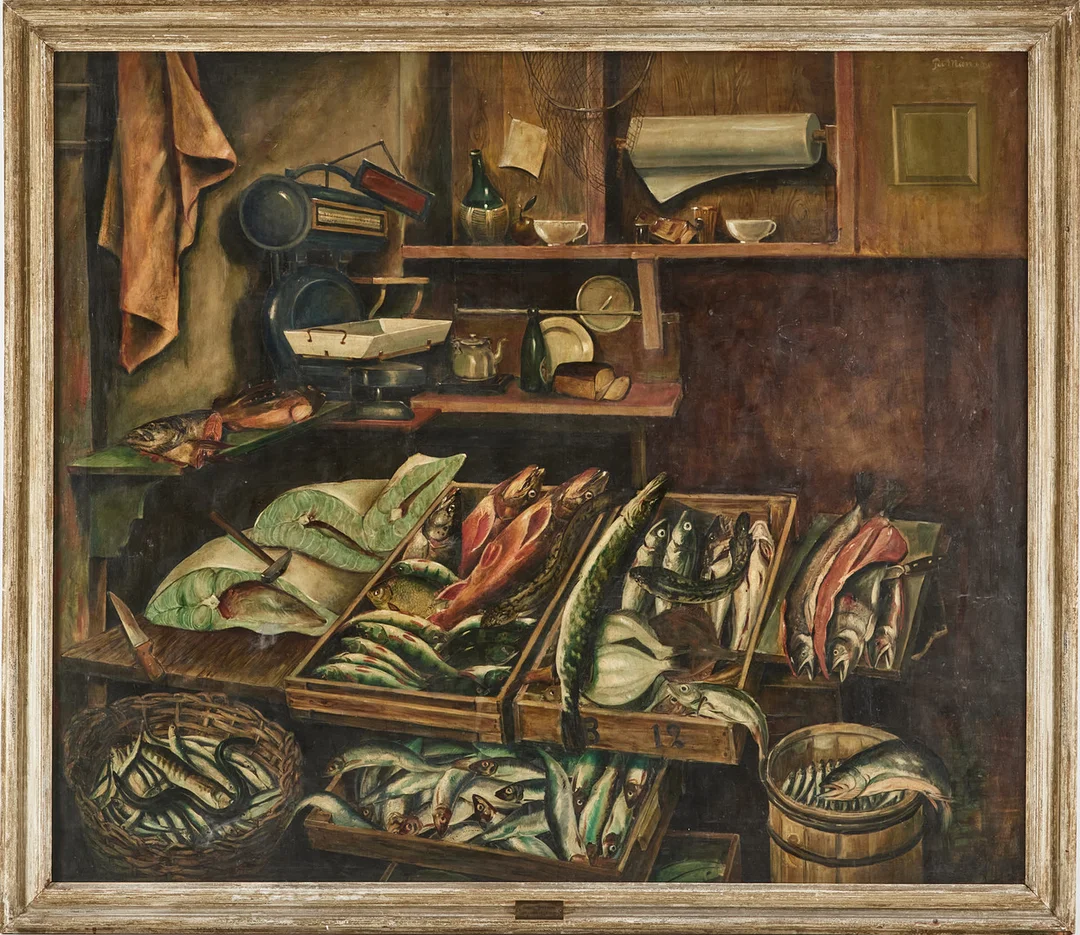 PER MÅNSSON (SVERIGE, 1896-1949). Fiskaffären, olja på duk. — Paintings — Stockholms Auktionsverk Fine Art