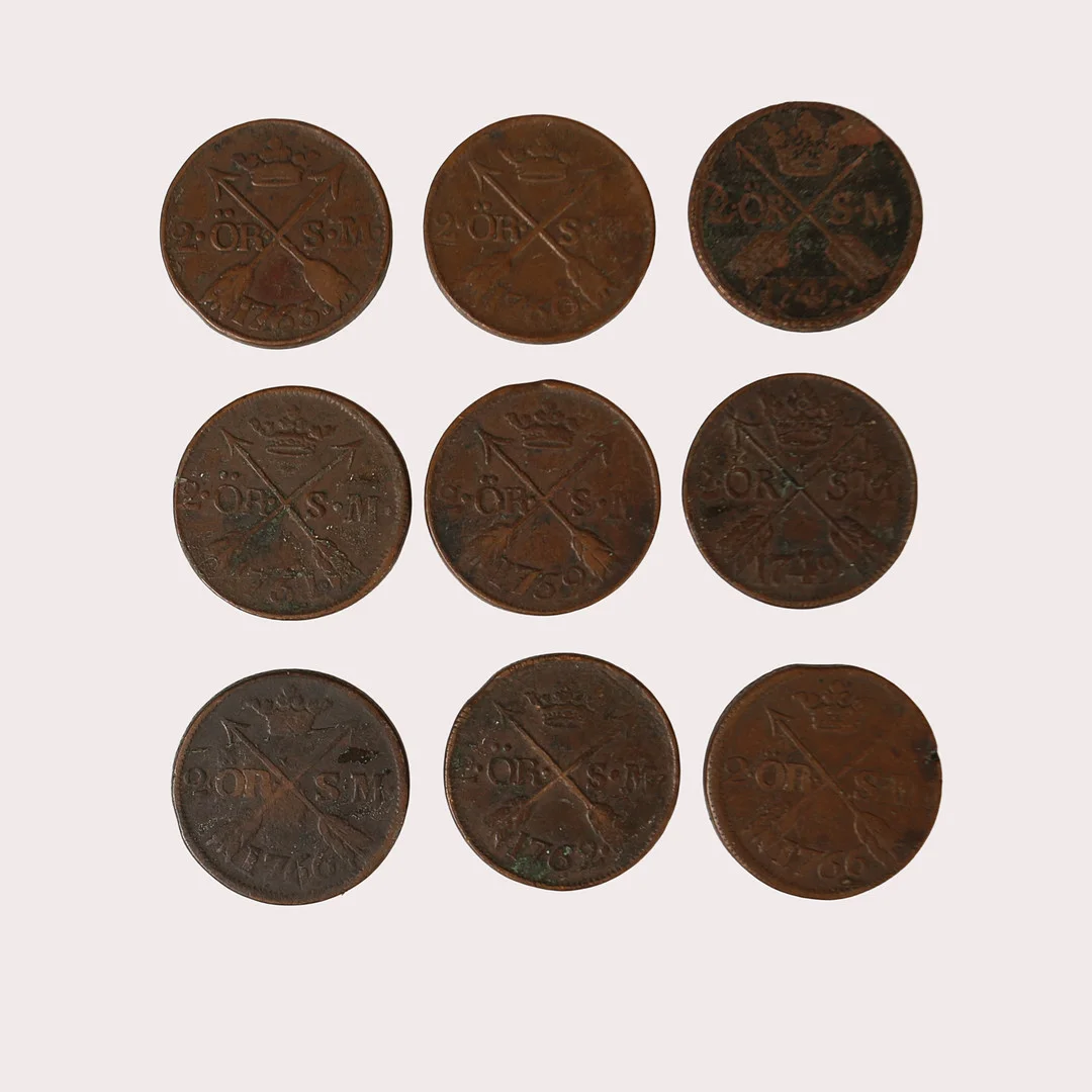 KOPPARMYNT, 9 st, 2 Öre, Fredrik I, och Adolf Fredrik, Sverige, start år 1747-1766. — Coins & Banknotes — Limhamns Auktionsbyrå