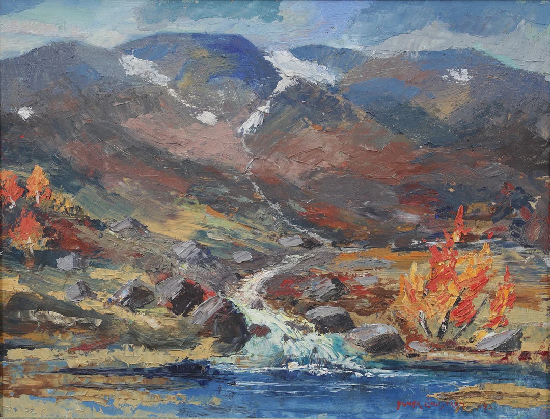 AGNAR LINDSTRÖM. Fjällmotiv, Lappland. Olja på pannå, signerad och daterad -43. — Paintings — Växjö Auktionskammare