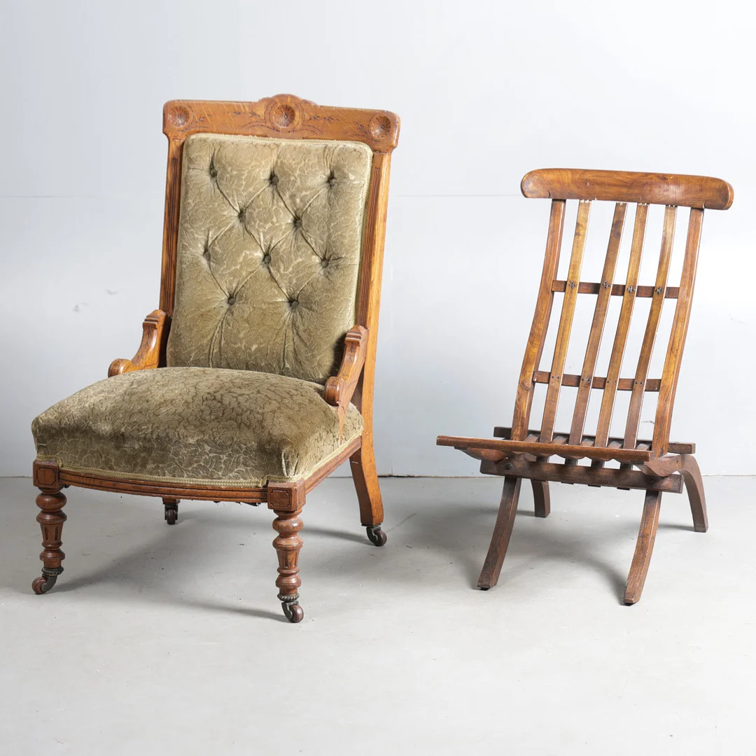 A VICTORIAN GOLDEN OAK NURSING CHAIR AND A TEAK FOLDING CHAIR (2). — Sofas & Seatings — Bishop & Miller