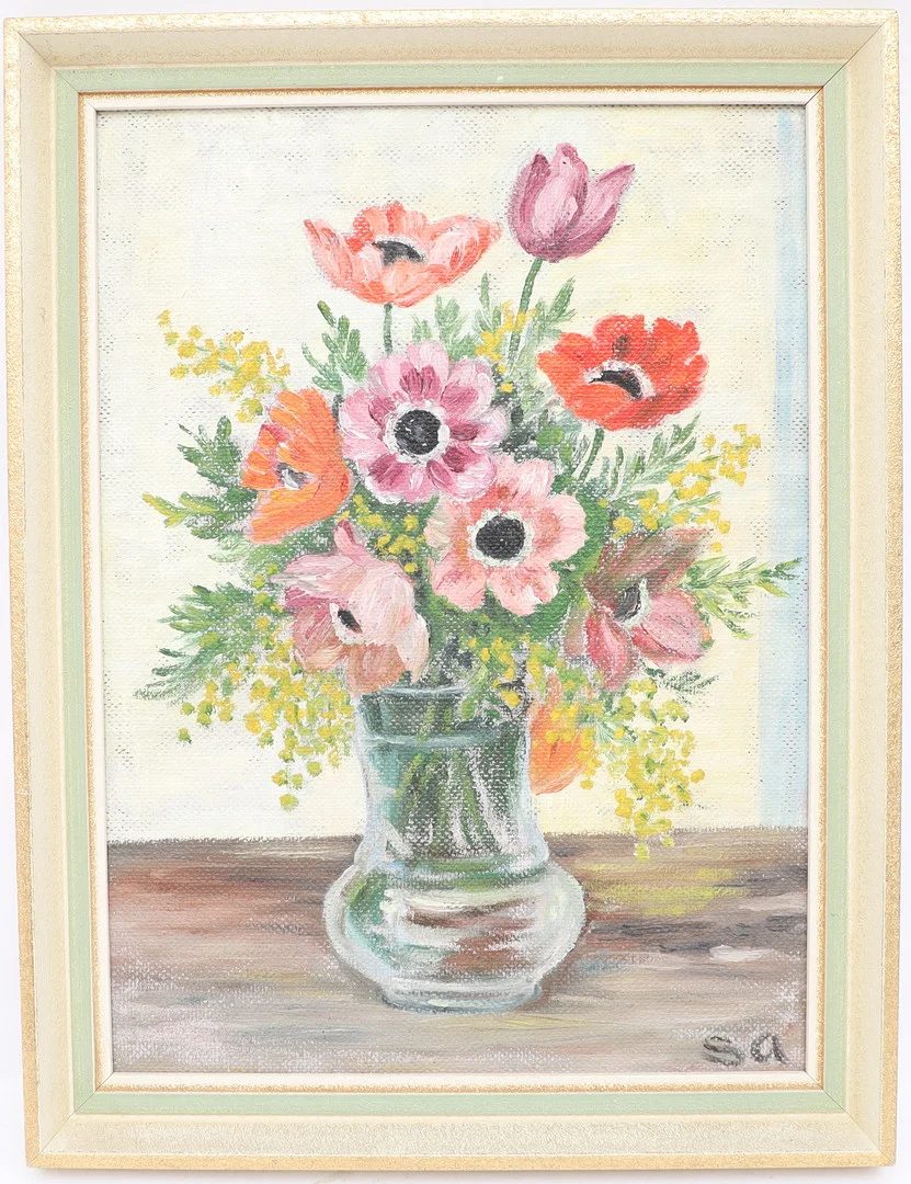 OIDENTIFIERAD KONSTNÄR. Stilleben med blomster, oljemålning på pannå, signerad SA. — Paintings — Falun Auktionsbyrå