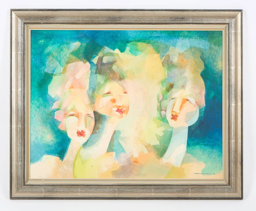 TAPIO KINNUNEN (1934-1981). Tre skönheter, signerad samt daterad -66, olja, gouache och blandteknik på pannå. — Paintings — Stockholms Auktionsverk Helsinki