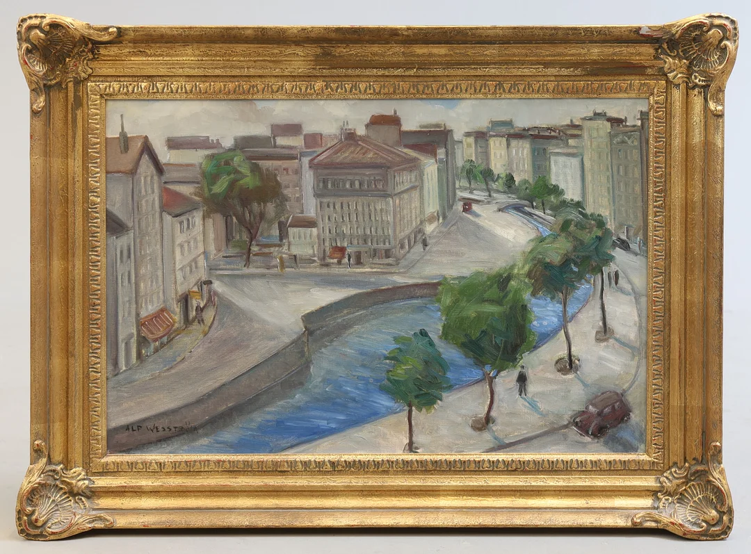 ALF WESSTRÖM. Stadsmotiv, olja på duk, signerad. — Paintings — Gomér & Andersson Nyköping