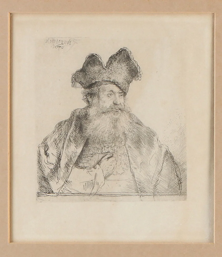 REMBRANDT VAN RIJN. EFTER. Etsning. "Old man with divided fur hat". Signerad i trycket. Senare avdrag. — Engravings & Prints — Skånes Auktionsverk