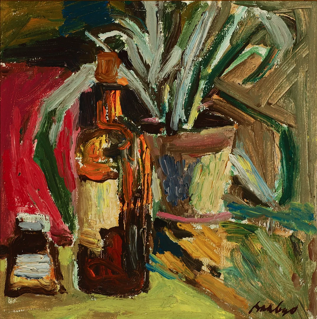 SVEND SAABYE (1913-2004). Stilleben med flaske og potteplante, olie på lærred, signeret og dateret 1945. — Paintings — Palsgaard Kunstauktioner