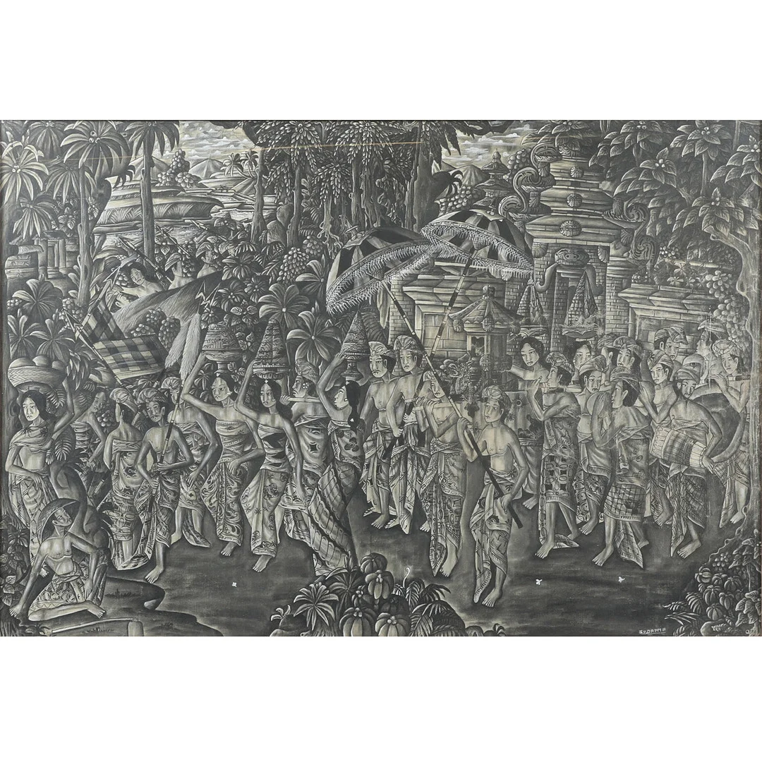 Balinesisk Batuan maleri, ceremonielt optog, bemalet lærred, 1900-tallets midte. — Paintings — Bidstrup Auktioner