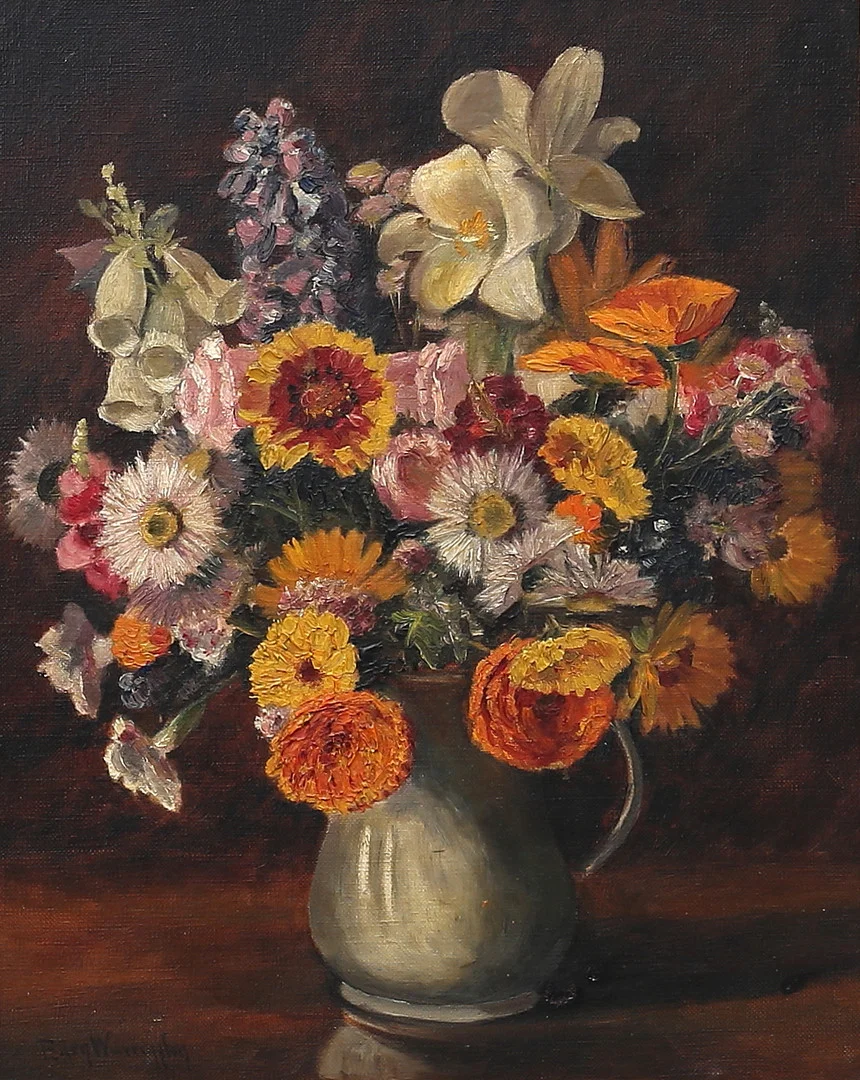 ELLEN WARRINGTON. Blomsterstilleben. Olja på duk, signerad, tidigt 1900-tal. — Paintings — Auktionshuset Thelin & Johansson