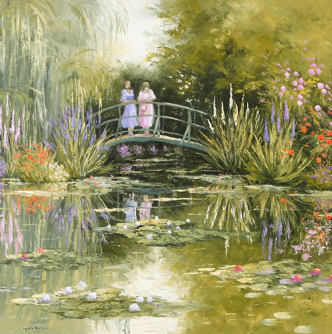 AGNETA KARLSSON. Oljemålning på duk, oinramad med bemålade sidor. Prunkande parklandskap med bro. Signerad. — Paintings — Skånes Auktionsverk