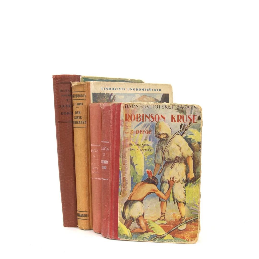 UNGDOMSBÖCKER, 4 band, Djungelboken, Den siste Mohikanen, Robinson Kruse och Onkel Toms stuga, 1930-tal. — Books — Höganäs Auktionsverk