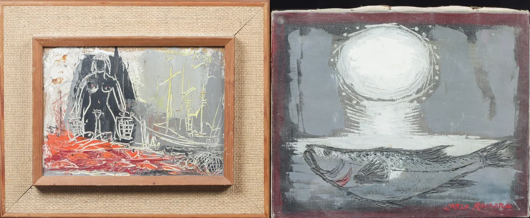 Carlo Rosberg. 'Mediterranean Fish' 1966 and 'The Fisher Girl' 1980, two compositions. (2) — Paintings and sculptures/Modern pictorial arts — Lauritz