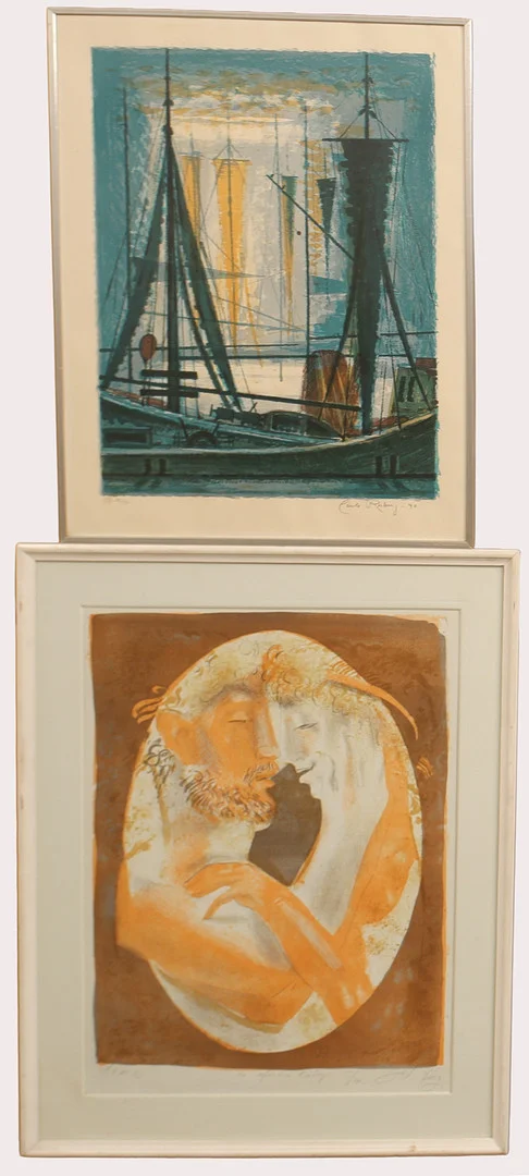 CARLOS ROSBERG. Färglitografi, båt vid hav numrerad 196/270, signerad samt Färglitografi omfamnande par, numrerad 5/10, signerad, daterad 1986, 2 stycken. — Engravings & Prints — Limhamns Auktionsbyrå