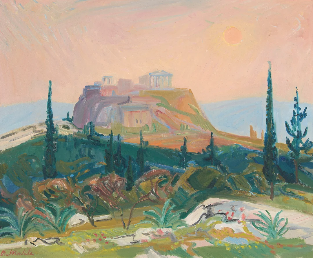 Mæhle, Ole — "Akropolis i diset morgensol" 1958 — Kunst/Maleri — Blomqvist