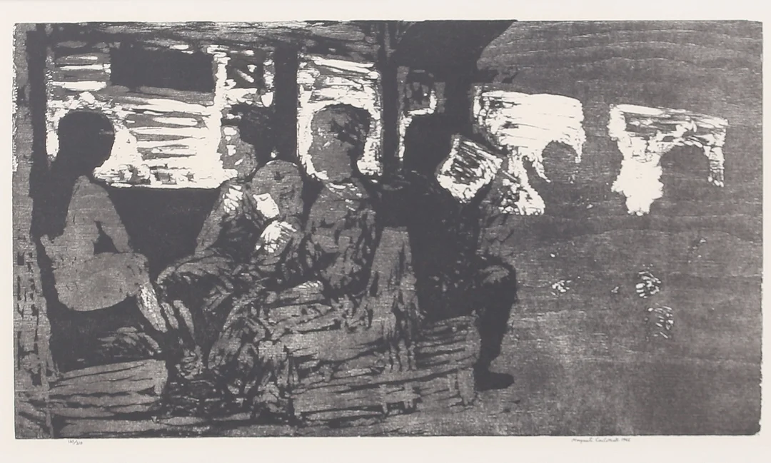 MARGARETA CARLSTEDT. Människor på tåg. Litografi, signerad och numrerad 130/210, daterad 1966. — Engravings & Prints — Auktionshuset Thelin & Johansson