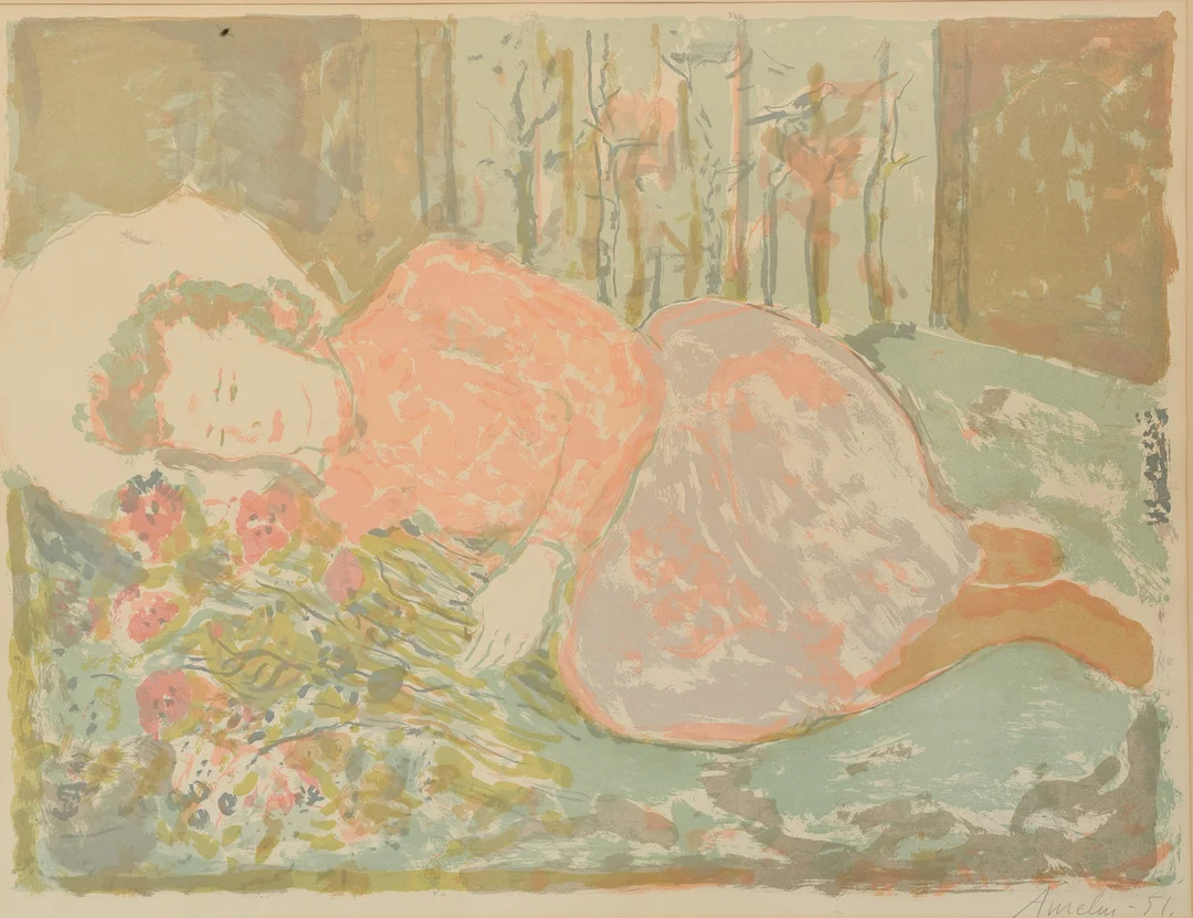ALBIN AMELIN. "Kvinna på schäslong", färglitografi, signerad. — Engravings & Prints — Formstad Auktioner
