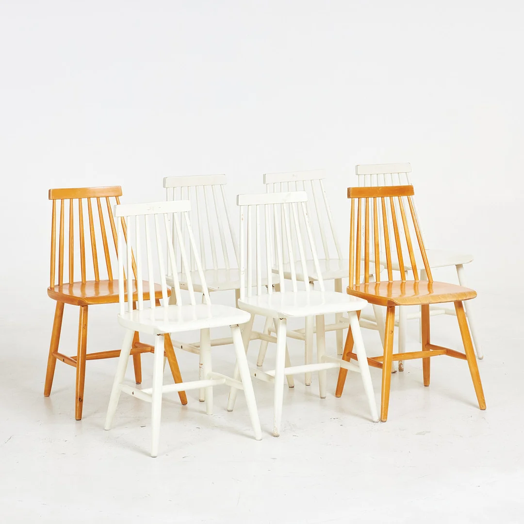 YNGVE EKSTRÖM. STOLAR, 7 st, "Pinocchio", björk, delvis bemålade, 1900-talets andra hälft. — Armchairs & Chairs — Stockholms Auktionsverk Sickla