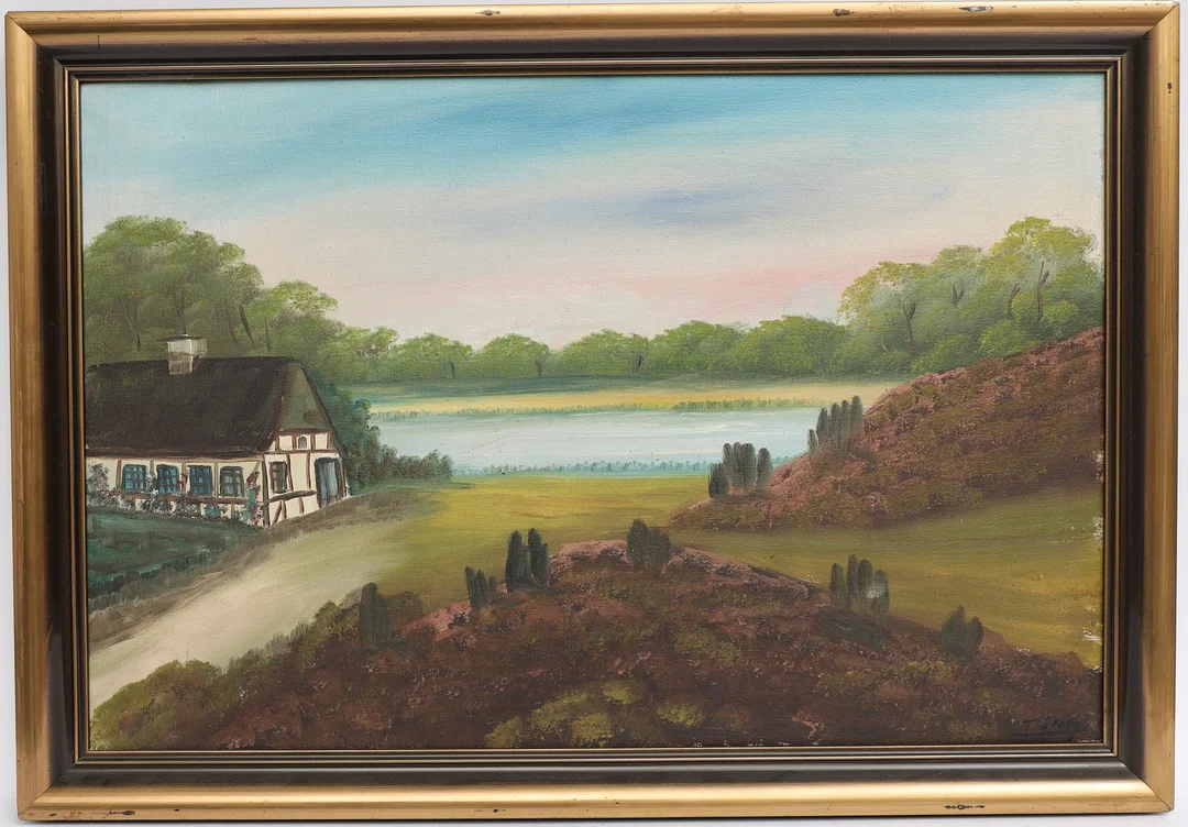 OIDENTIFIERAD KONSTNÄR. Gårdsbild, oljemålning på duk, signerad T skoog, 1900-talets första hälft. — Paintings — Falun Auktionsbyrå