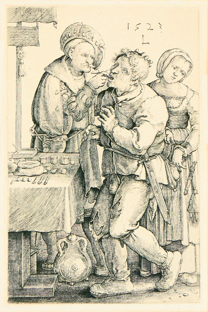 LUCAS VAN LEYDEN (1494–1533). "The Dentists", ca 1523. — Engravings & Prints — Uppsala Auktionskammare