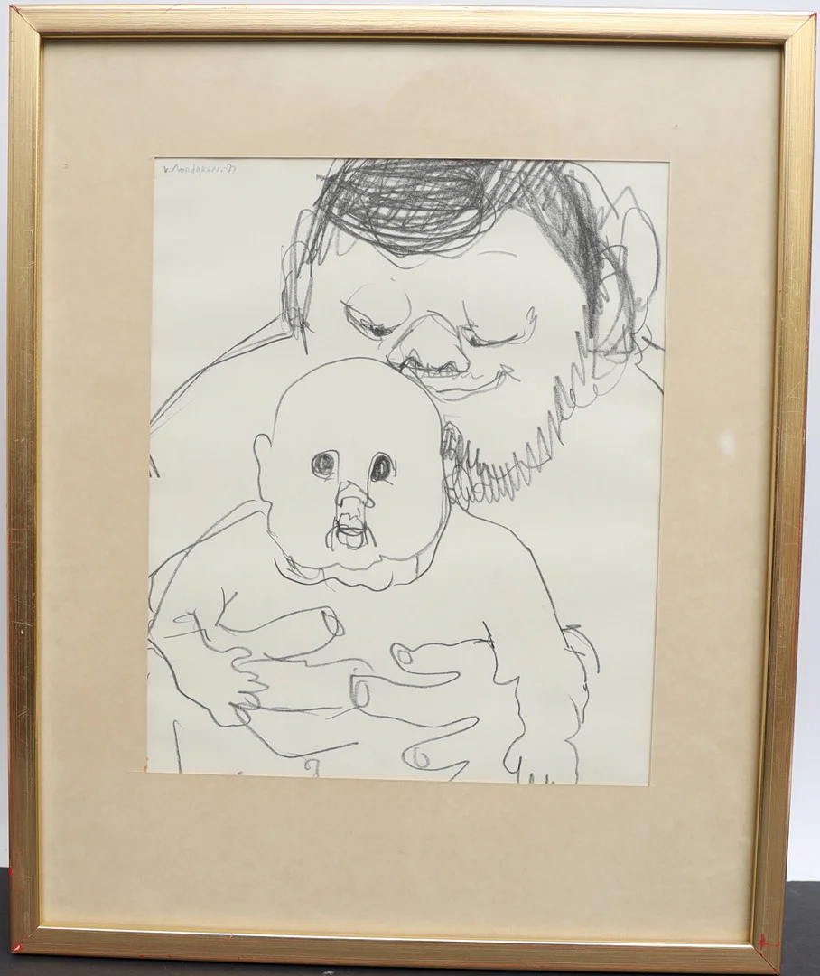KATI NORDGREN. Man med barn, teckning, signerad och daterad 77. — Paintings — Falun Auktionsbyrå