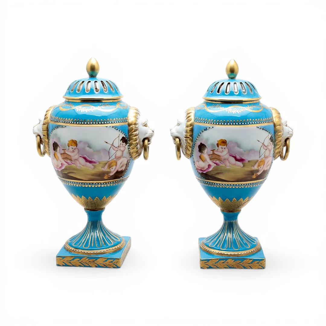 Pair of ornamental "bleu céleste" porcelain cups, Sèvres-style, early 20th century. — European — Balclis