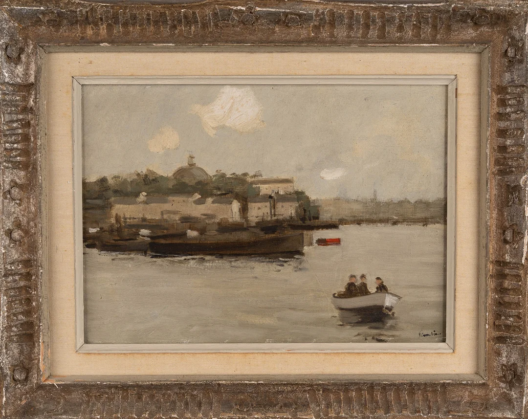 AKKE KUMLIEN. Olja på pannå, Stockholmsmotiv, Signerad. — Paintings — Norrlands Auktionsverk