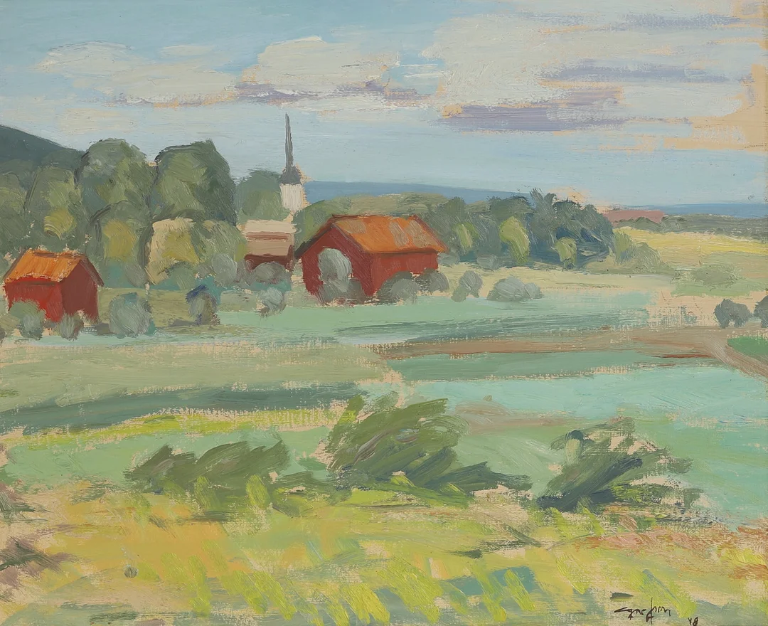 AGNE JOHANSSON. Olja på pannå, "Kvillinge", signerad. — Paintings — RA Auktionsverket Norrköping