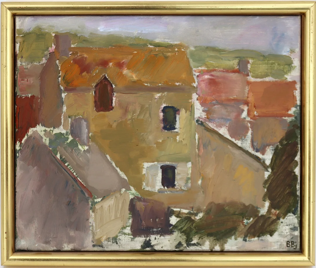 BENTE BJEREGAARD. Olja på duk, hus och hustak, monogramsignerad. — Paintings — Höganäs Auktionsverk