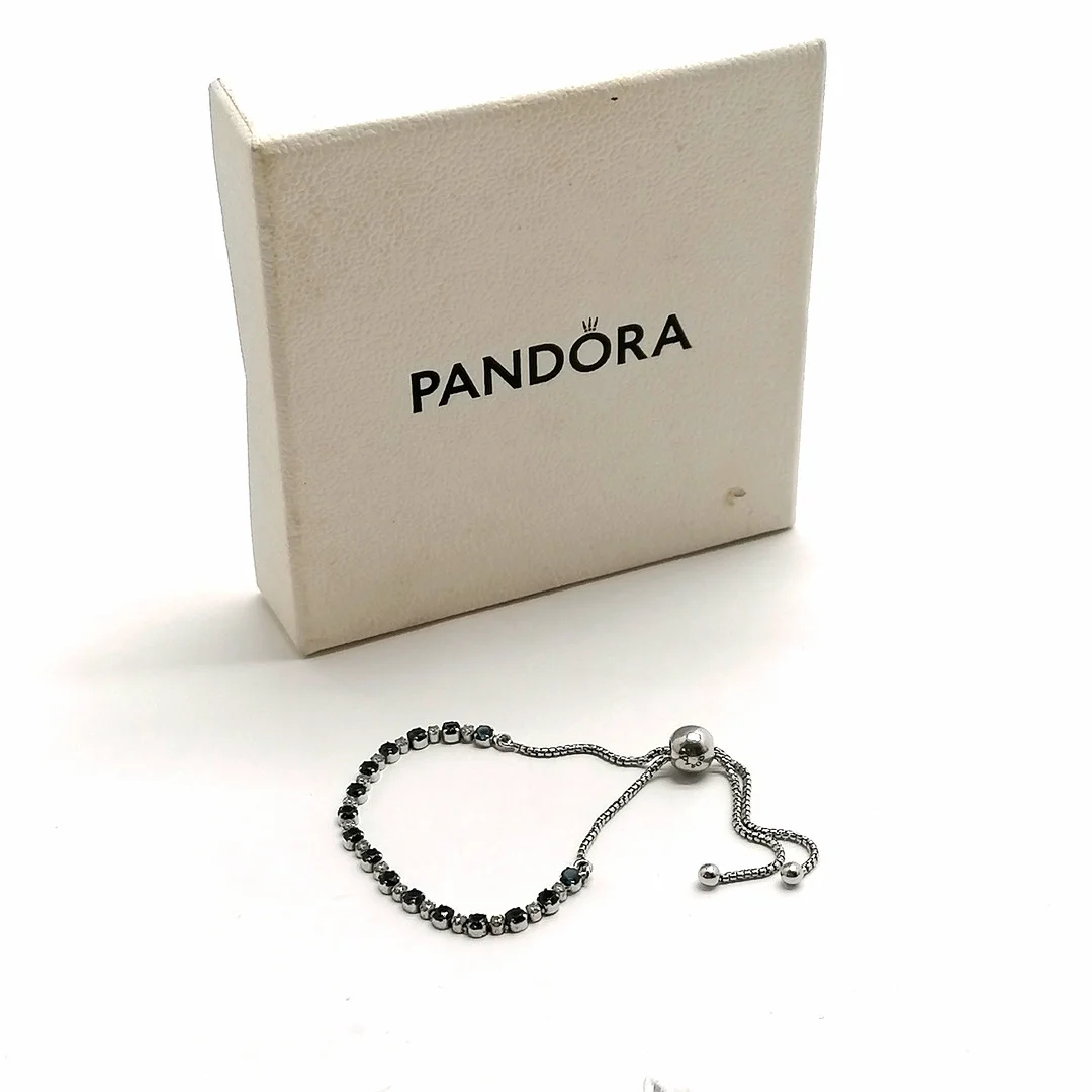 PANDORA SILVER ADJUSTABLE BRACELET SET WITH BLUE & WHITE STONES. — Bracelets — Acreman St Auctioneers & Valuers