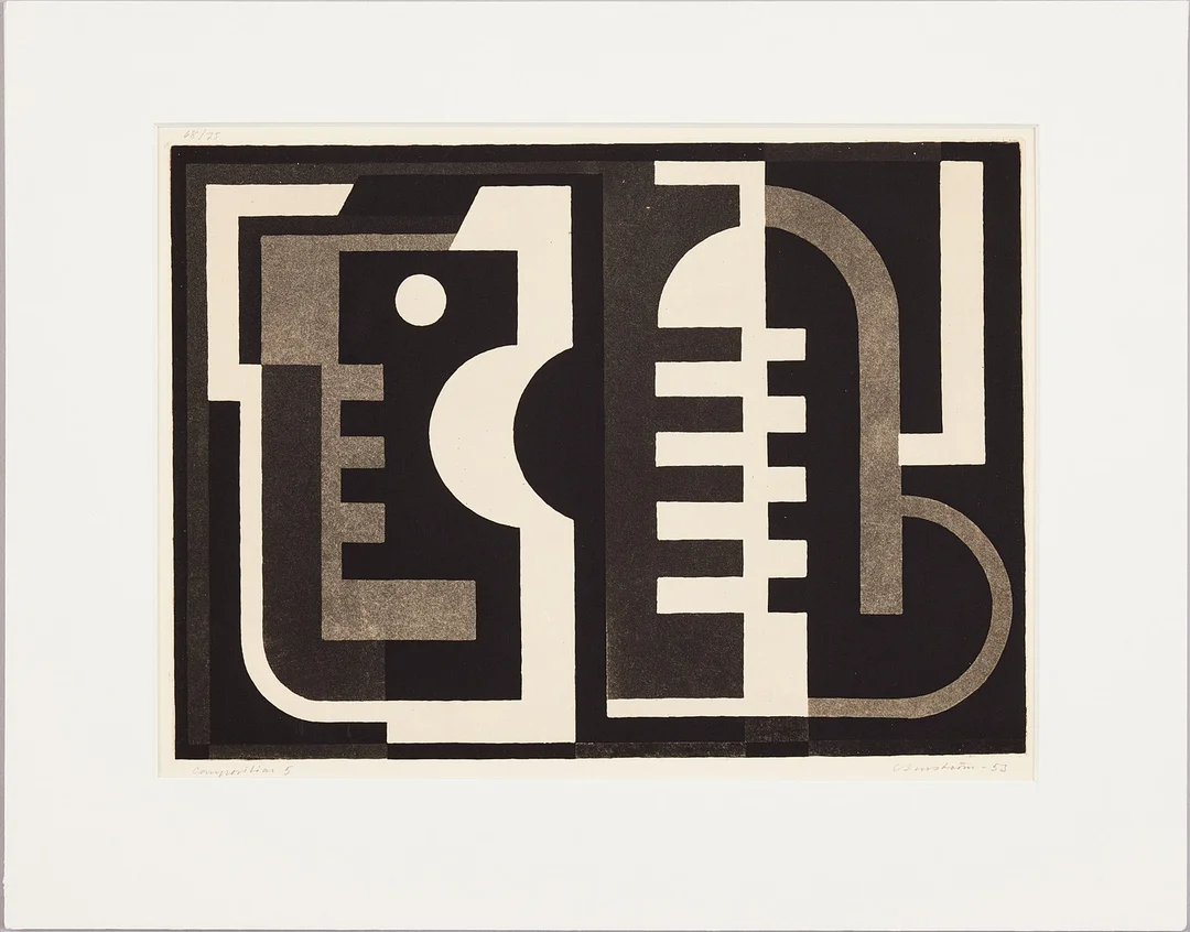 CURT BURSTRÖM. "Composition 5", etsning, signerad -53, 68/75. — Engravings & Prints — Stockholms Auktionsverk Magasin 5