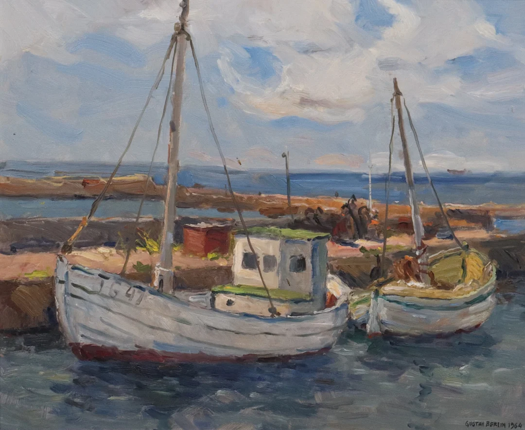 GUSTAV BERLIN. olja på pannå, motiv från Skåre, Trelleborg. — Paintings — Markus Auktioner