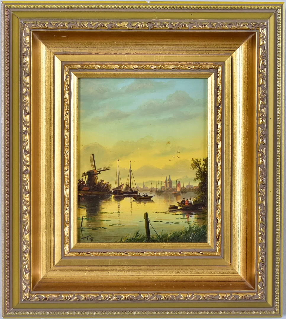 OIDENTIFIERAD KONSTNÄR. oljemålning på pannå, hamnbild med vindmölla i sommarsolnedgång. — Paintings — Halmstads Auktionskammare