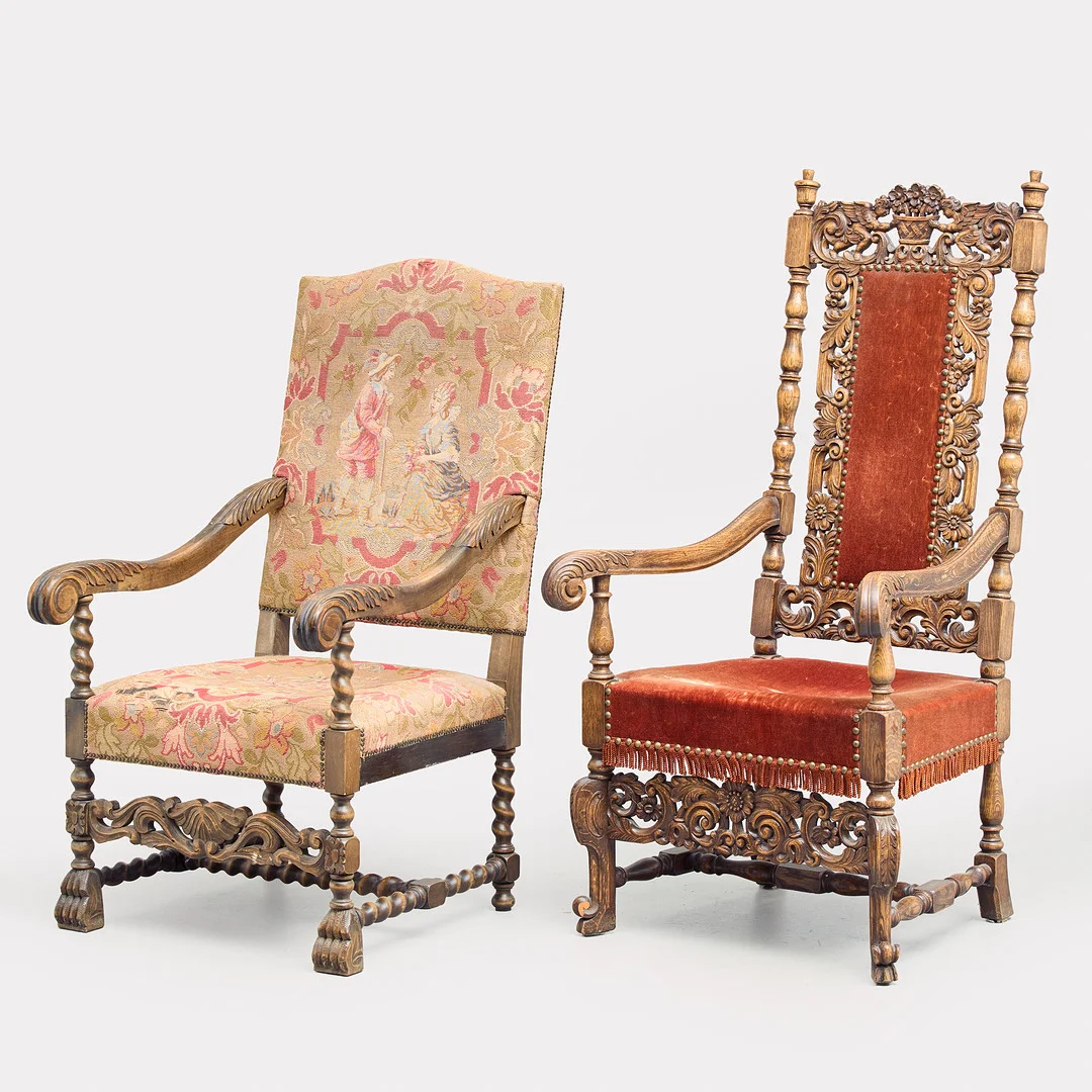 ARMLÄNSTOLAR / FÅTÖLJER, 2 stycken, barockstil, 1900-talets första hälft. — Armchairs & Chairs — Uppsala Auktionskammare