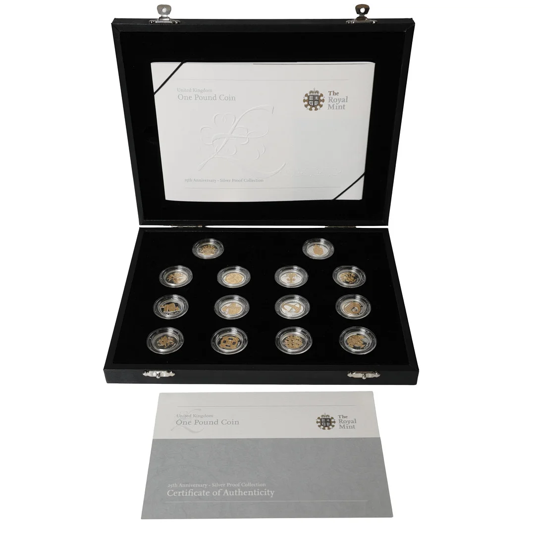 ROYAL MINT, UNITED KINGDOM ONE POUND COIN 25TH ANNIVERSARY SILVER PROOF COLLECTION. — Coins & Banknotes — Bishop & Miller
