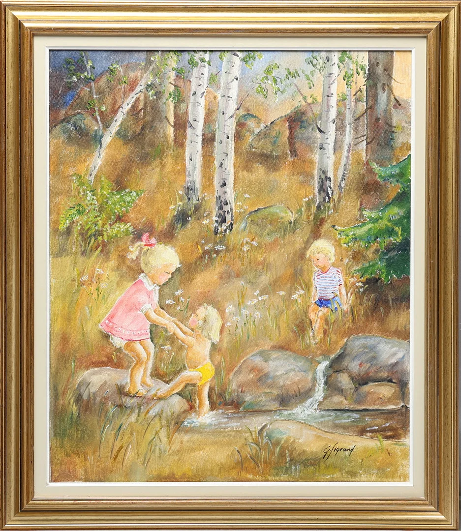 GUNVOR SIGRAND. Olja på duk, lekande barn, signerad. — Paintings — Gomér & Andersson Jönköping