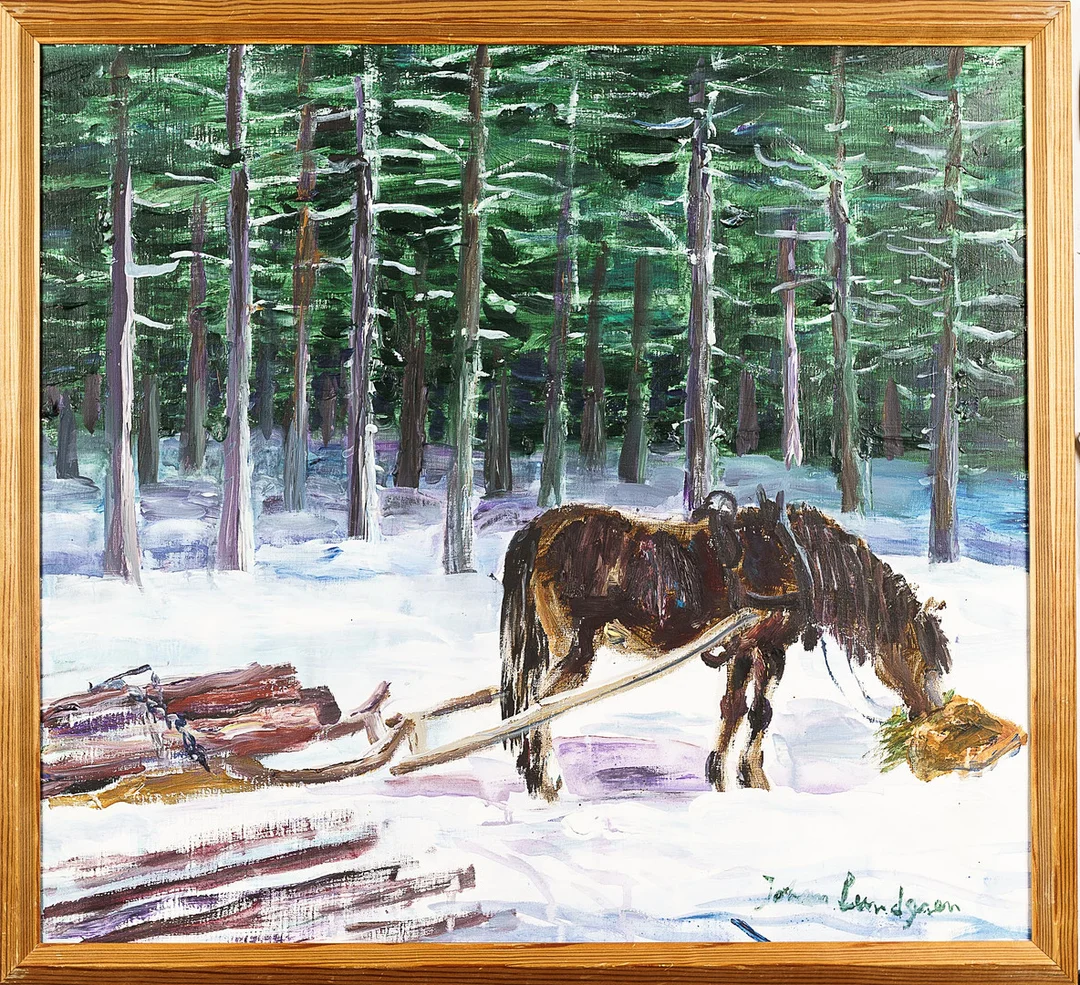 JOHAN LUNDGREN. Olja på duk, Häst- och vagn motiv, Signerad. — Paintings — Norrlands Auktionsverk