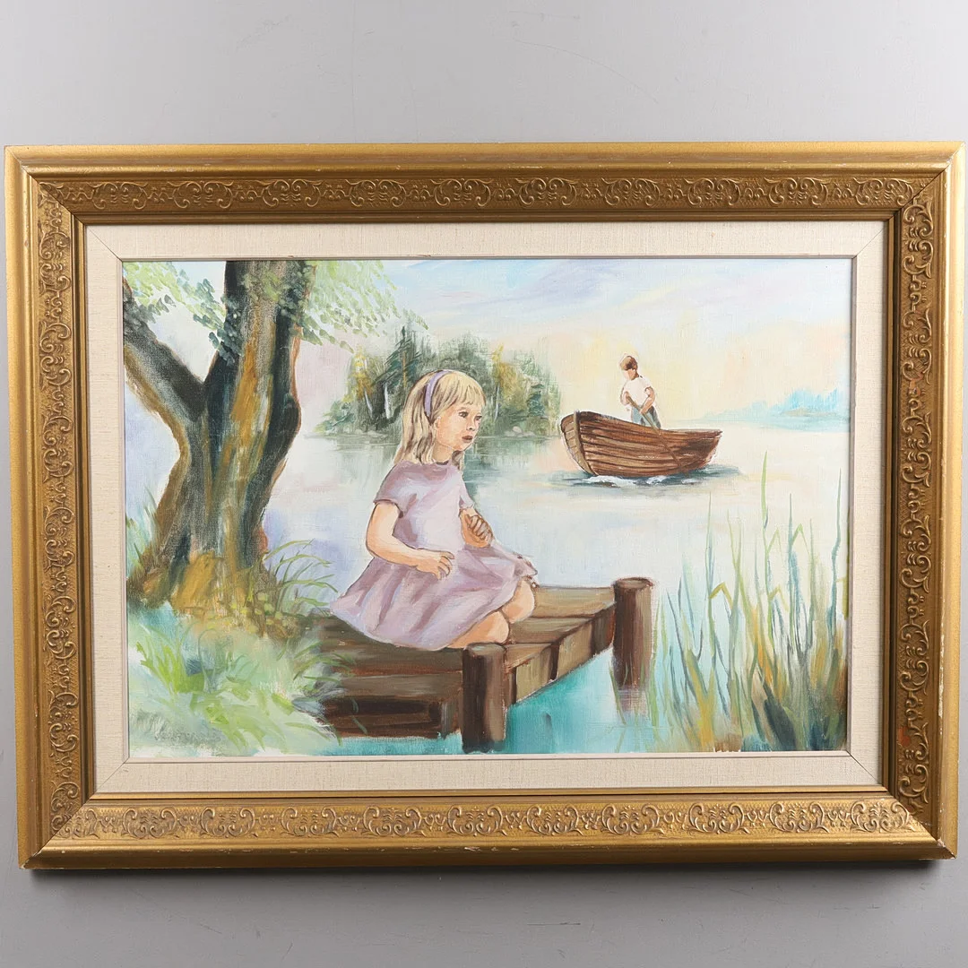 OIDENTIFIERAD KONSTNÄR. Barn vid sjö, olja på duk. — Paintings — Örebro Stadsauktioner
