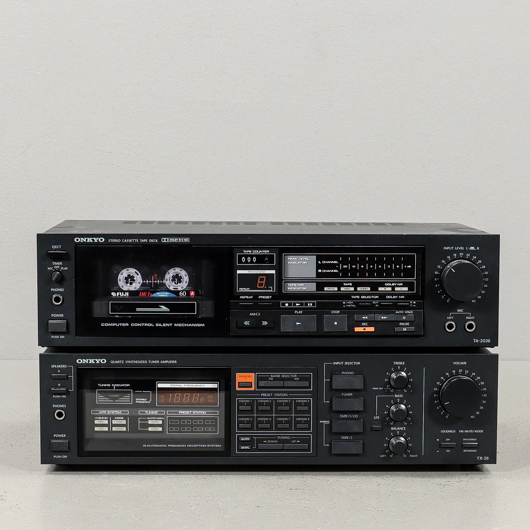 ONKYO Stereodelar, Receiver TX-26 & Kassettdäck TA-2036, 1980-tal. — Audio, Vinyl & Hi-Fi — Karlstad Hammarö Auktionsverk