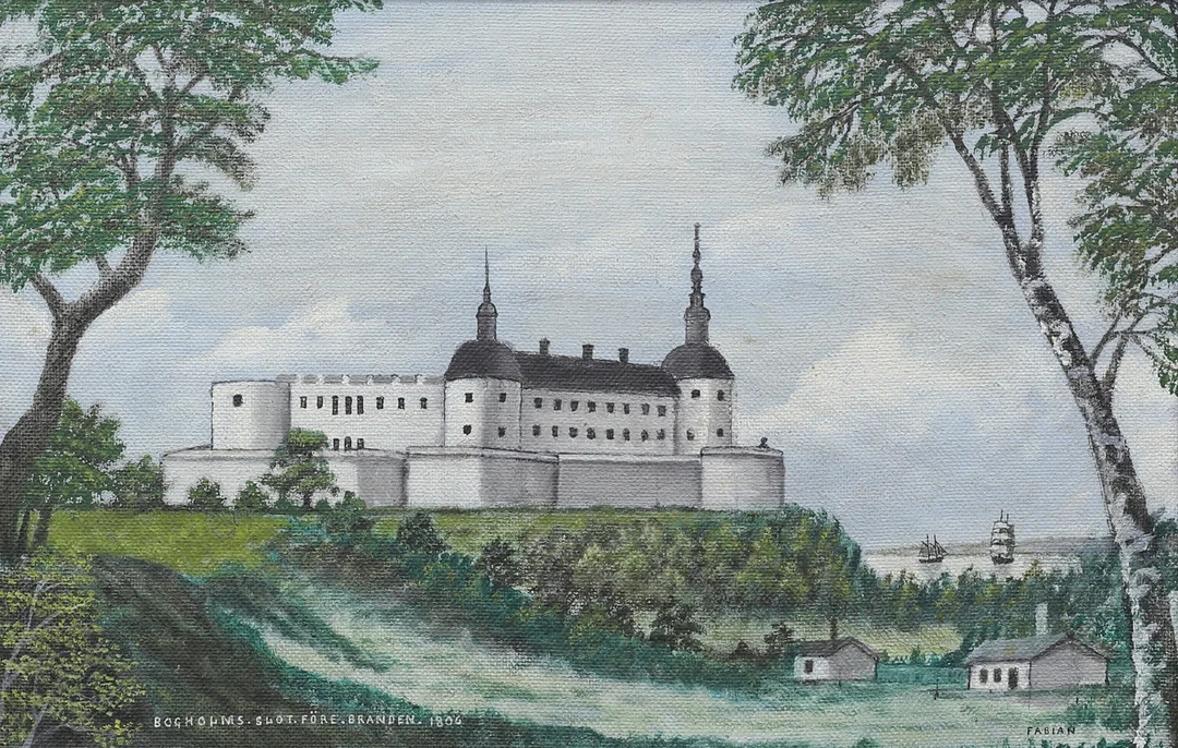 FABIAN JOHANSSON. "Borgholms slot före branden 1806". Olja på pannå, signerad. — Paintings — Auktionshuset Thelin & Johansson
