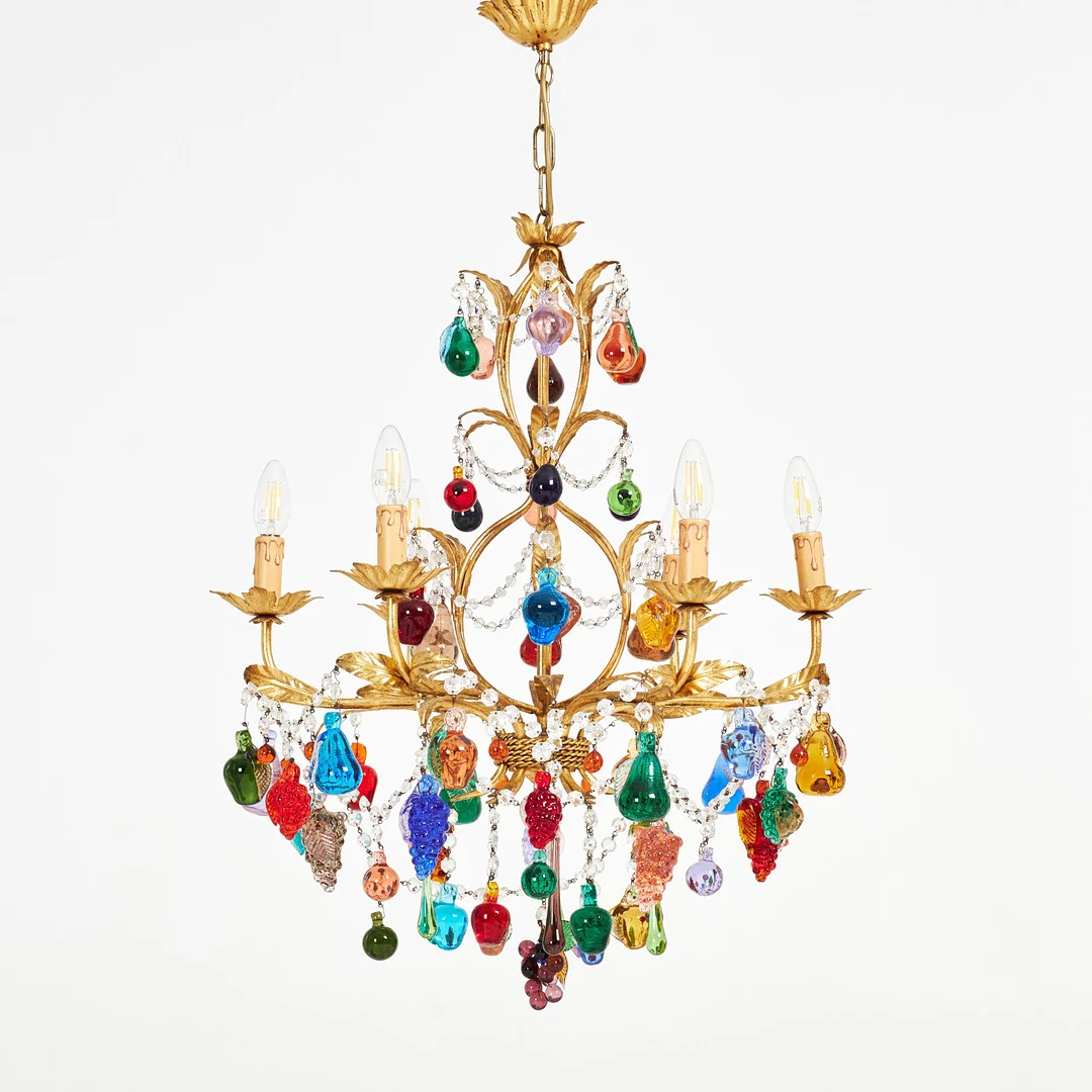 LJUSKRONA. Fem ljusarmar, behängd med polykromt färgade glasfrukter, Italien, Murano, lackerad stomme i metall, samtida. — Chandeliers — Stockholms Auktionsverk Sickla