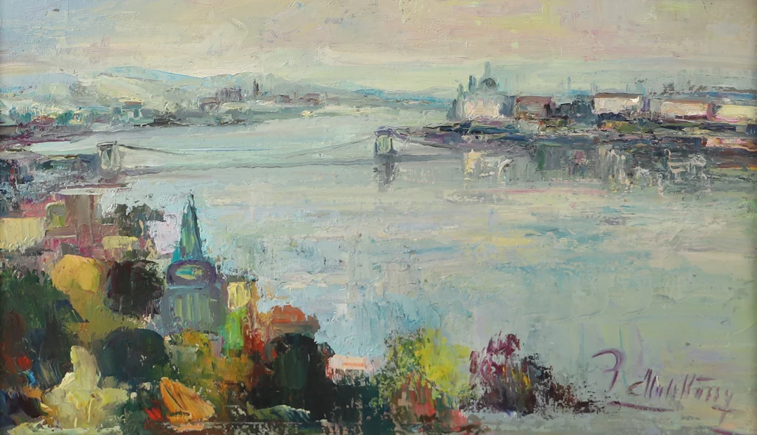 PAL MATSKASSY. Floden genom staden, olja på pannå, signerad. — Paintings — Helsingborgs Auktionskammare