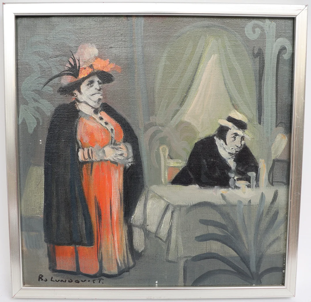 BO E LUNDQVIST. Interiör med figurer, oljemålning på duk, signerad. — Paintings — Falun Auktionsbyrå