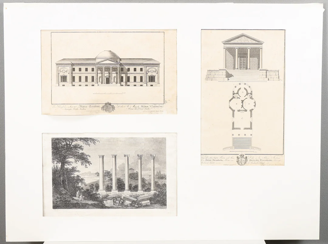 CHRISTIAN LUDWIG STIEGLITZ. 3 Planscher från "Zeichnungen aus der schönen Baukunst", Leipzig 1804. — Engravings & Prints — Karlstad Hammarö Auktionsverk