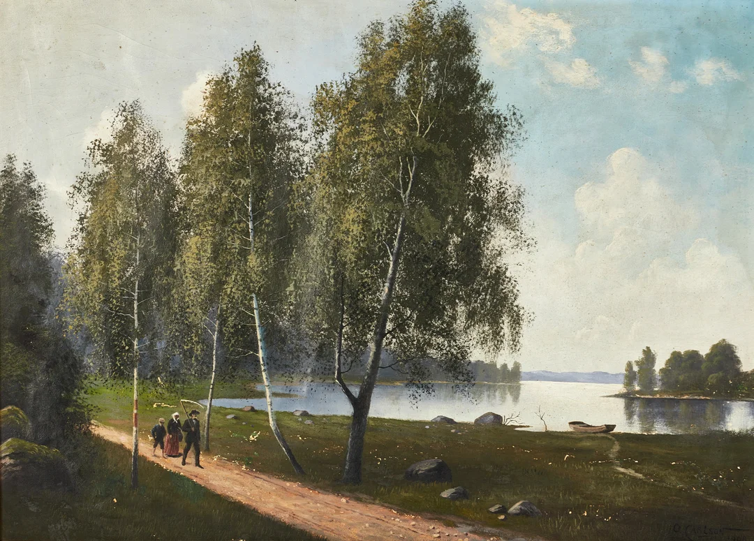 OIDENTIFIERAD KONSTNÄR. Sjölandskap med skördefolk, signerad och daterad O Carlson 1908, olja på duk. — Paintings — Crafoord Auktioner Stockholm