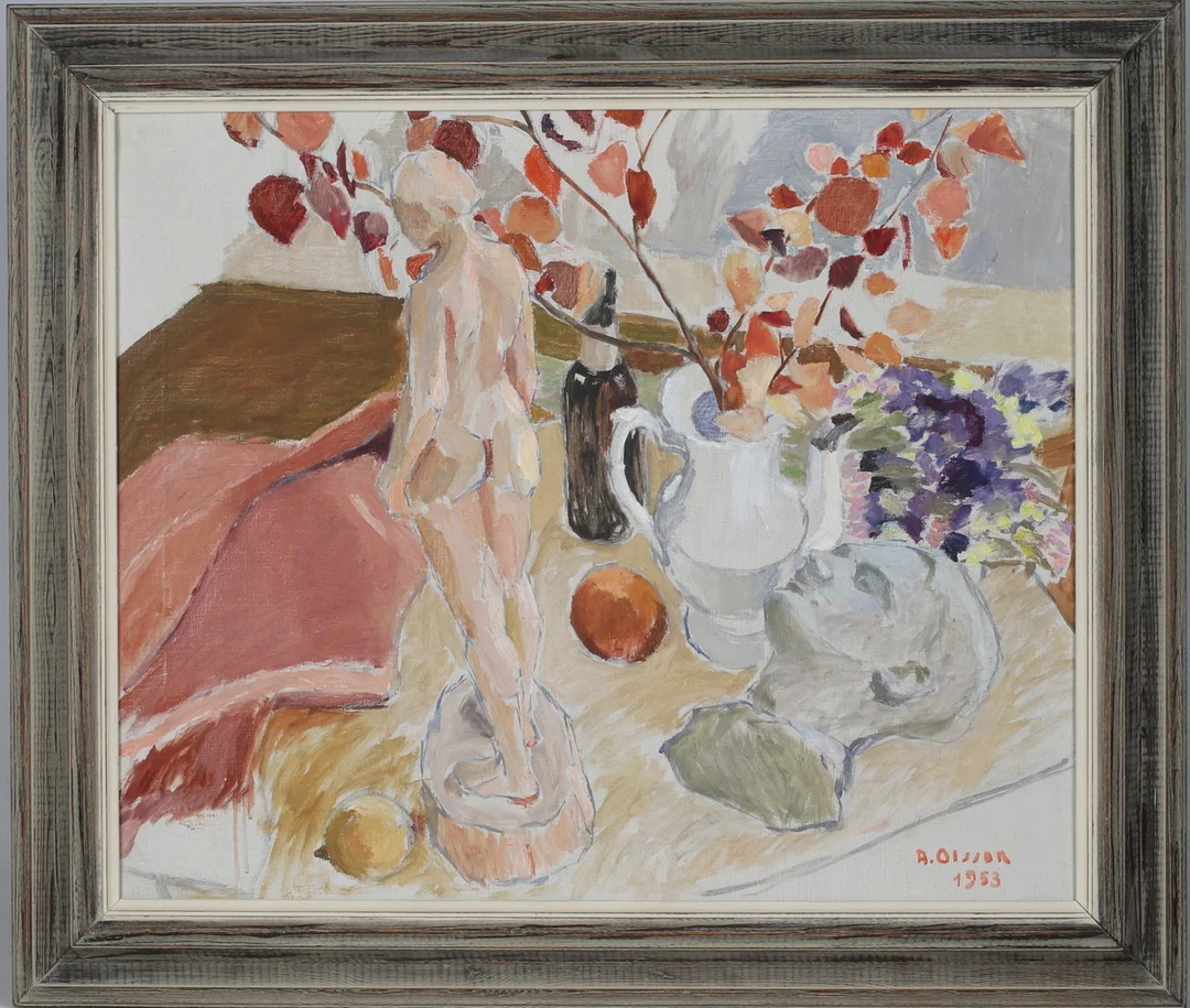 OIDENTIFIERAD KONSTNÄR. Stilleben, olja på duk, signerad och daterad A. Olsson 1953. — Paintings — Stadsauktion Sundsvall