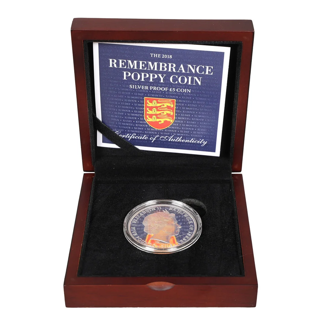 A 2018 REMEMBRANCE SILVER PROOF FIVE POUND POPPY COIN. — Coins & Banknotes — Bishop & Miller