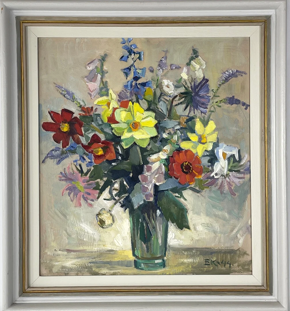OIDENTIFIERAD KONSTNÄR, möjligen Erik Kylberg (1882-1947), olja på pannå, blomsterstilleben, signerad EK samt daterad -44. — Paintings — Roslagens Auktionsverk