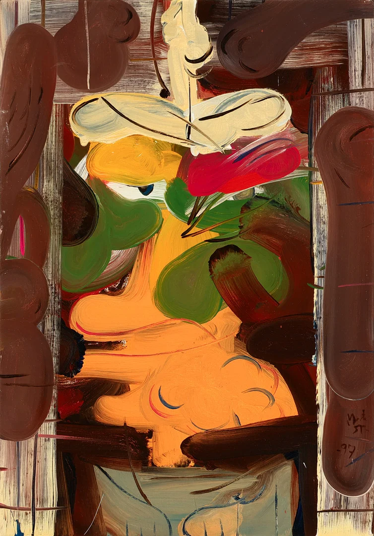 MORTEN SÆRMARK THOMSEN F. 1957. Komposition 'Fod på hovedet', olie på lærredet, signeret og dateret 1997. — Paintings — Palsgaard Kunstauktioner