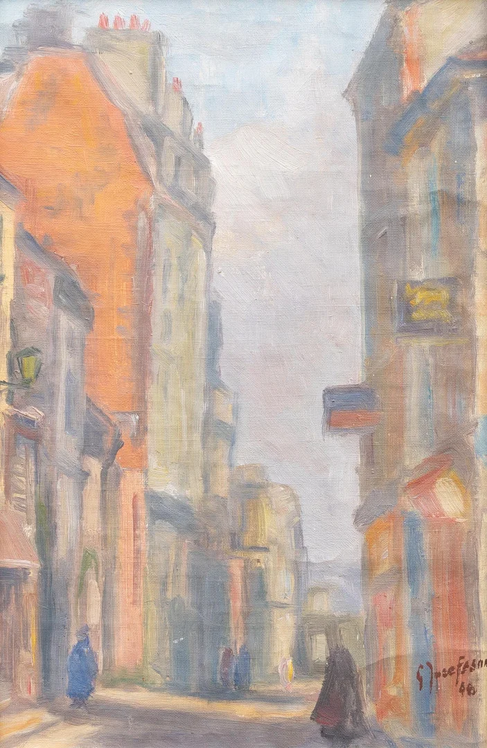 OIDENTIFIERAD KONSTNÄR. Sydländskt stadsmotiv, olja på uppklistrad duk, signerad och daterad -48. — Paintings — Garpenhus Auktioner