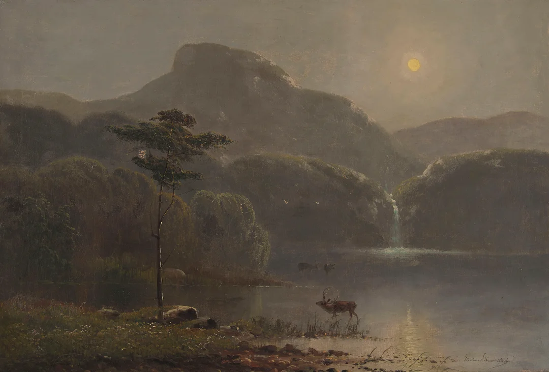 Skramstad, Ludvig — Landskap med foss og hjort i månelys — Kunst/Maleri — Blomqvist